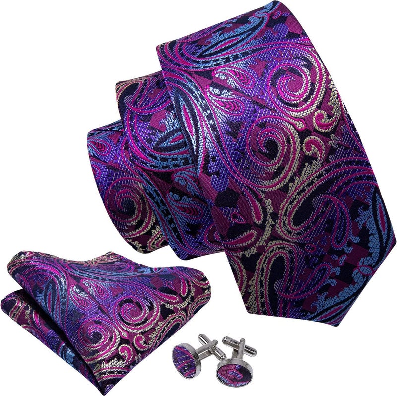 Barry.Wang Store Men Ties Paisley Woven Silk Necktie Set with Pocket Suqare Cufflinks Formal - Image 3